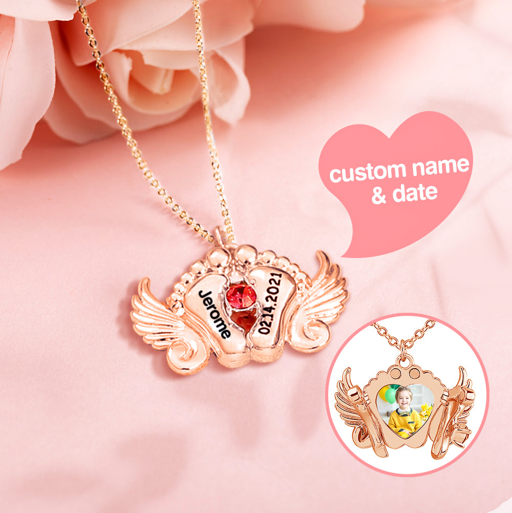 My Baby - Personalized Memorial Angel Feet Locket Birthstone Necklace