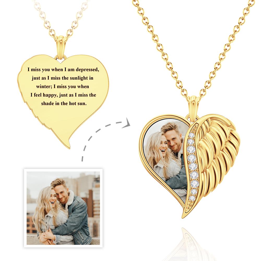 Personalized Photo Engraved Wings Heart Charm