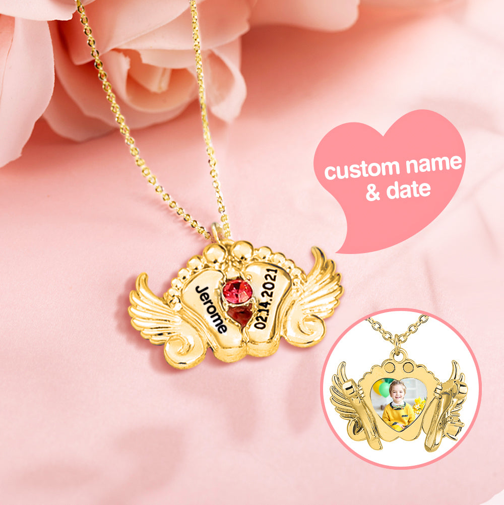 My Baby - Personalized Memorial Angel Feet Locket Birthstone Necklace