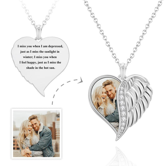Personalized Photo Engraved Wings Heart Charm