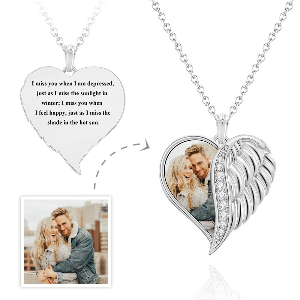 Personalized Photo Engraved Wings Heart Charm