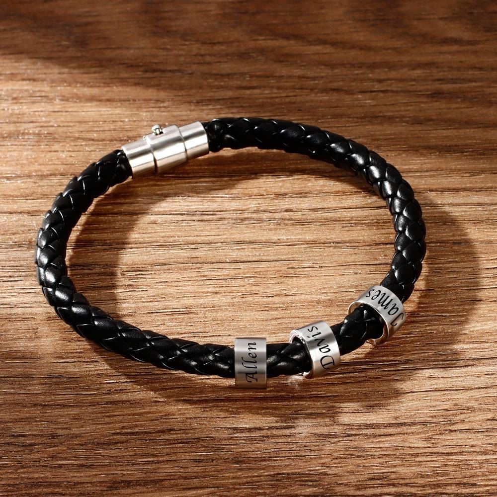 This Is Us - Personalized Family Black Leather Beads Bracelet