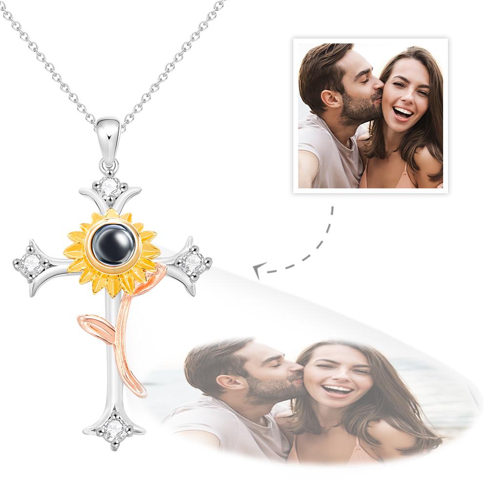 Sunflower - Personalized Cross Flower Photo Projection Necklace