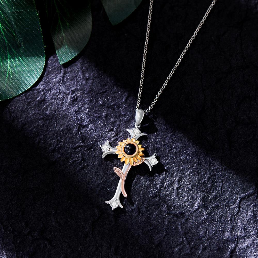 Sunflower - Personalized Cross Flower Photo Projection Necklace