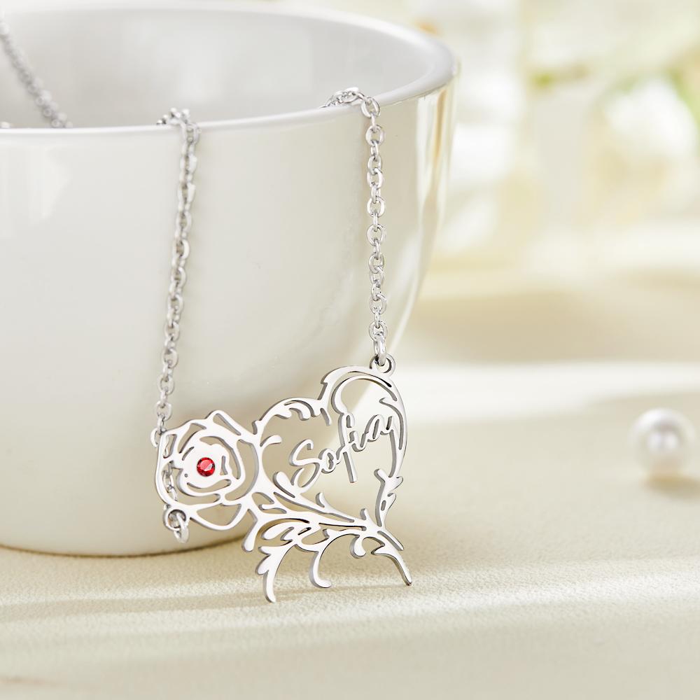 Name Rose - Personalized Rose Heart Birthstone Necklace