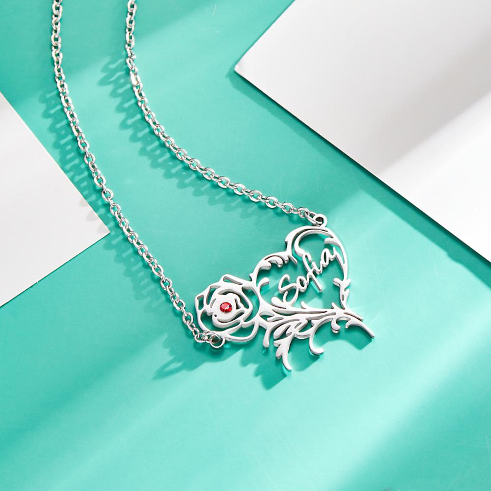 Name Rose - Personalized Rose Heart Birthstone Necklace