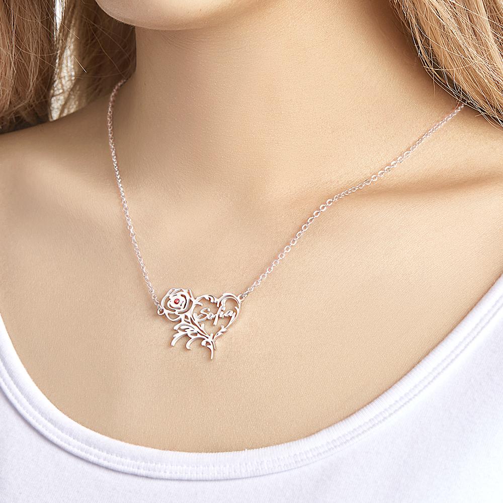 Name Rose - Personalized Rose Heart Birthstone Necklace
