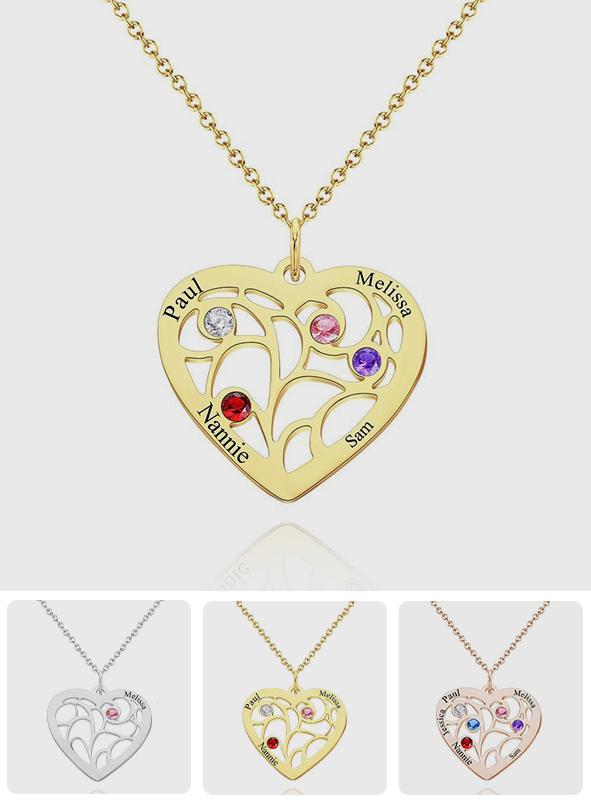 Our Family - Personalized Family Name Heart Pendant Necklace with Birthstone