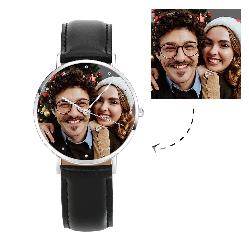 Unisex Engraved Photo Watch Brown Leather Strap - Personalized Watch