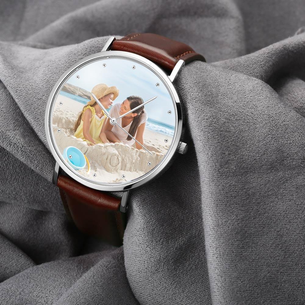 Unisex Engraved Photo Watch Brown Leather Strap - Personalized Watch