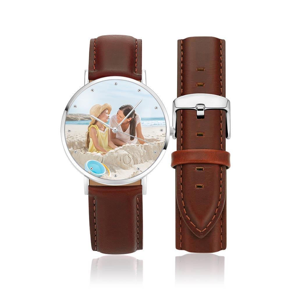 Unisex Engraved Photo Watch Brown Leather Strap - Personalized Watch