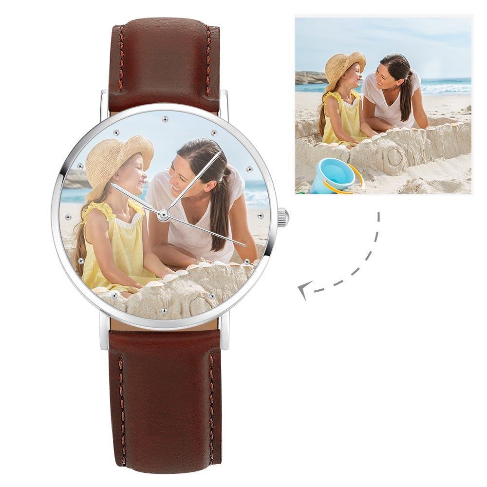 Unisex Engraved Photo Watch Brown Leather Strap - Personalized Watch
