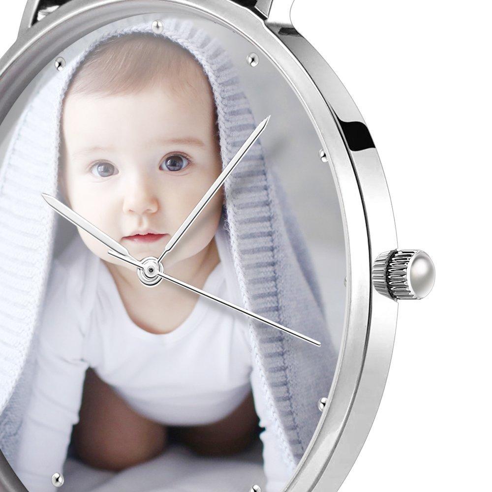 Unisex Engraved Photo Watch Brown Leather Strap - Personalized Watch