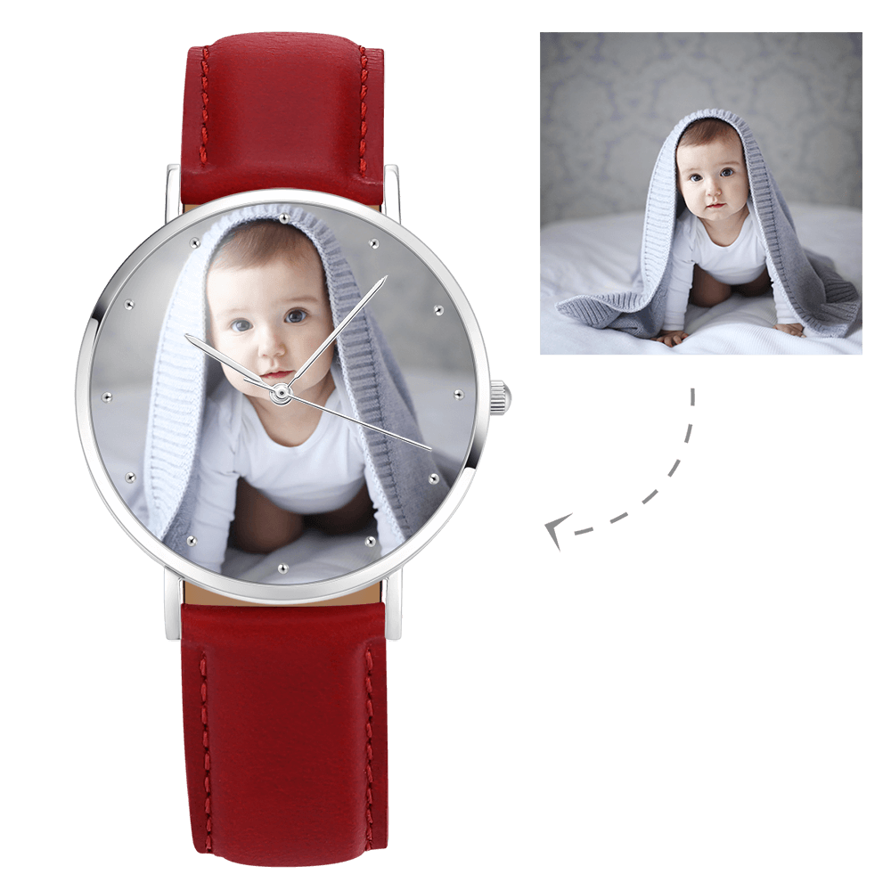 Unisex Engraved Photo Watch Brown Leather Strap - Personalized Watch