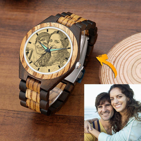 Men's Engraved Wooden Photo Watch Wooden Strap - Personalized Watch