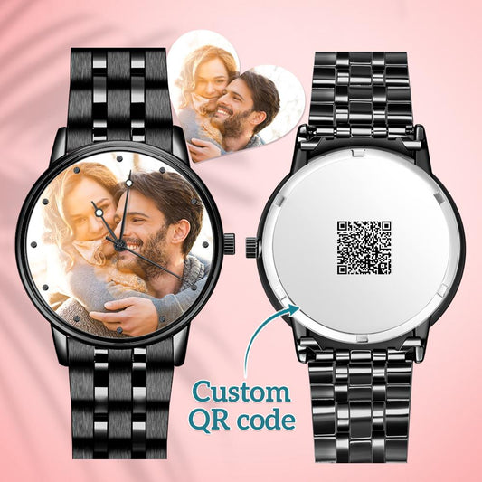 Personalized Engraved Men's Black Alloy Bracelet Photo QR Code