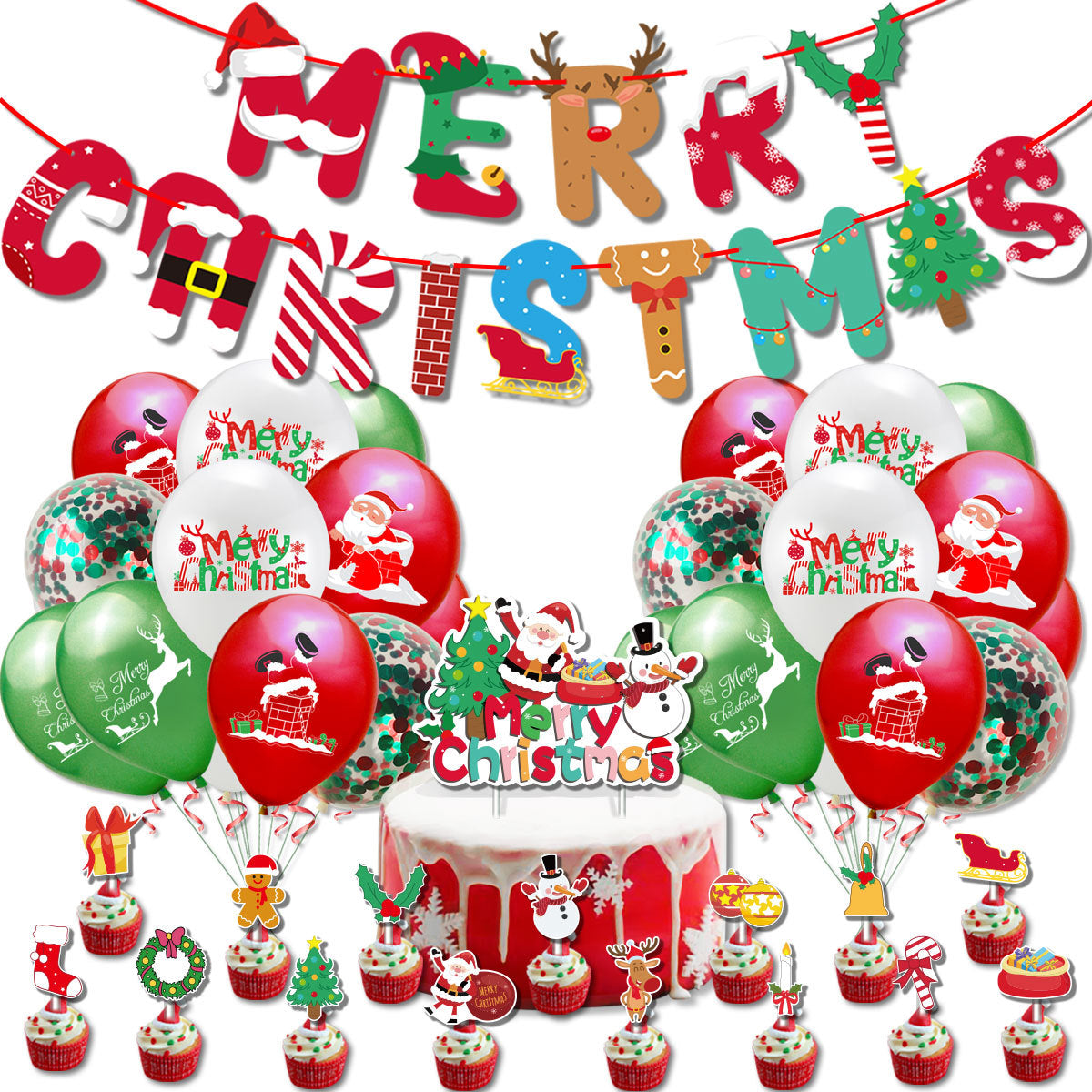 Merry Christmas - Christmas Balloons Set With Banner for Christmas