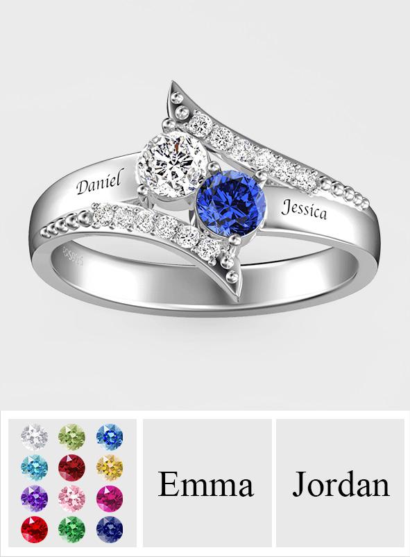 Personalized Two Birthstones Engraved 925 Silver