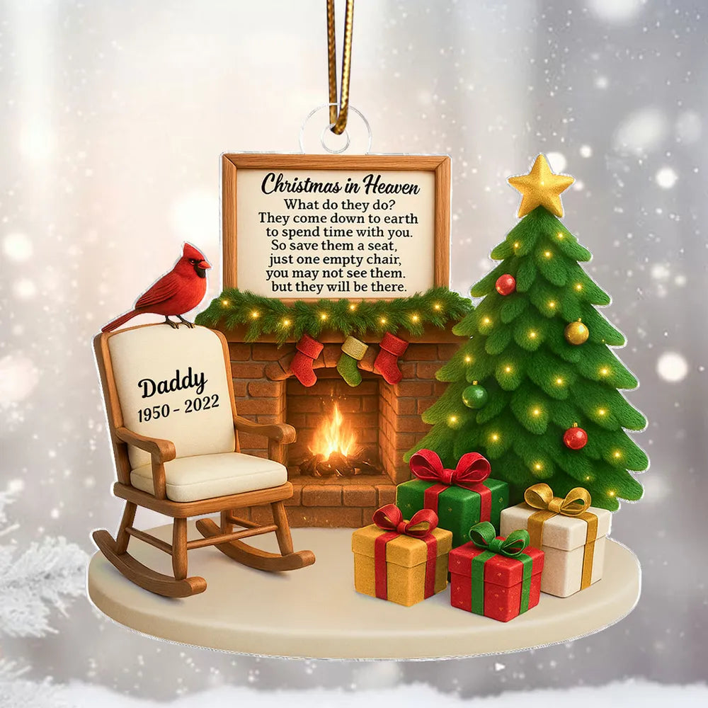 Memorial Acrylic Ornament featuring Christmas tree & fireplace, comforting remembrance décor, thoughtful gift for loved ones
