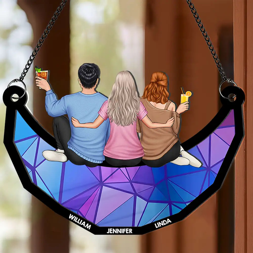 Personalized Friends Sitting On The Moon Ornament – Back View Hanging Suncatcher Gift for Friends, Sisters, or Siblings