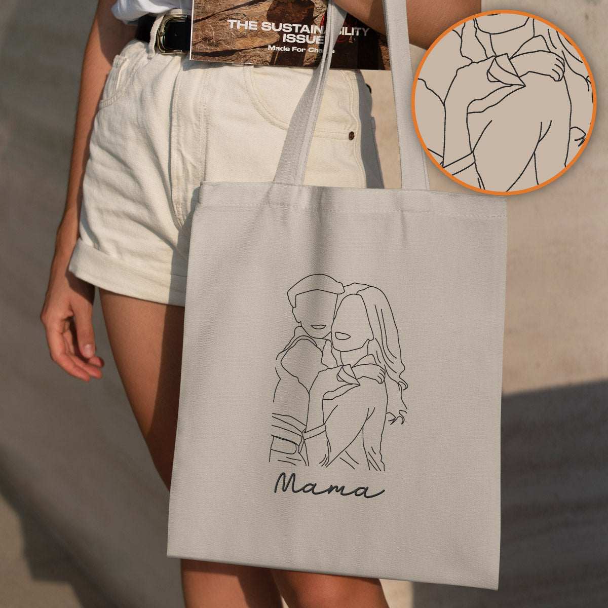 Custom Photo Line Art - Personalized Step Mom Embroidered Tote Bag