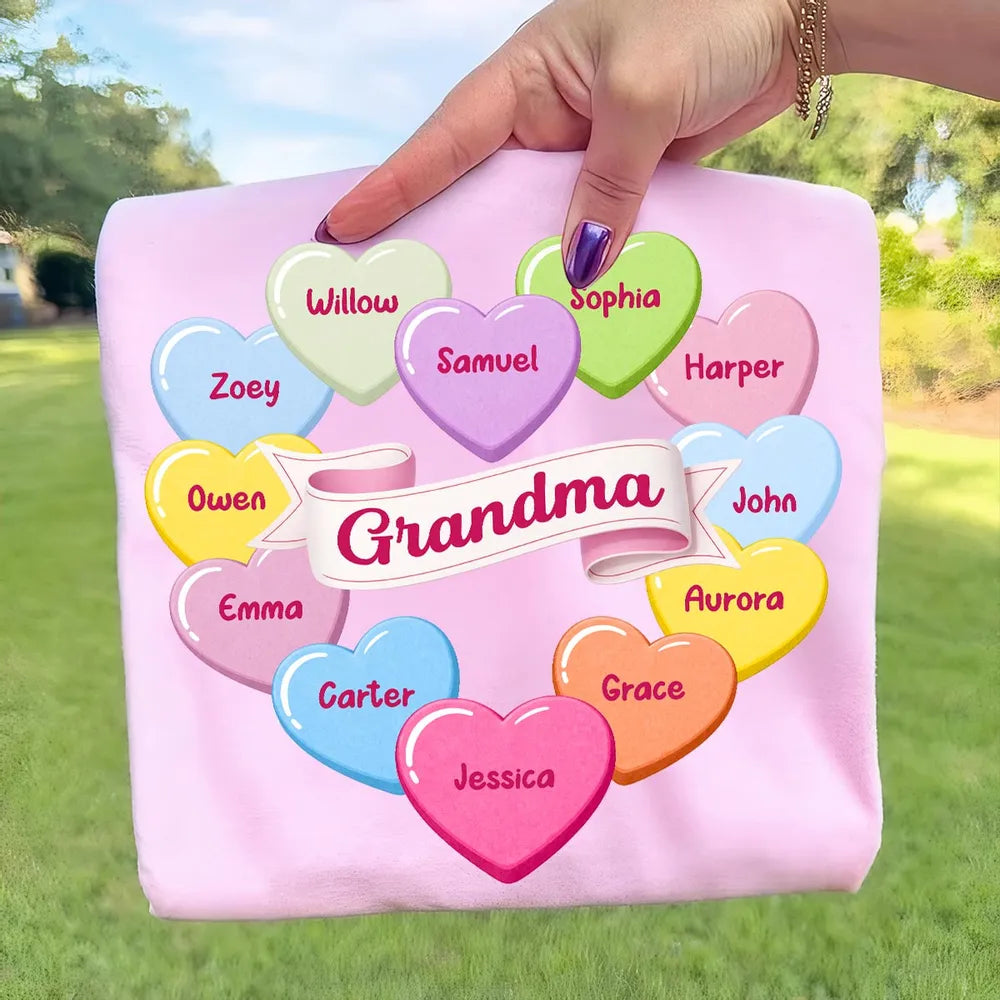 Personalized Grandma Classic Tee, Candy Heart Names Design for Valentine's Day, Unique Gift for Grandma