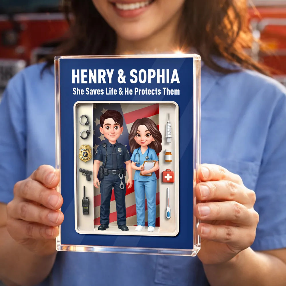 Rectangle Acrylic Block Plaque with Police & Nurse Couple and US Flag, Personalized Keepsake Gift for Him & Her