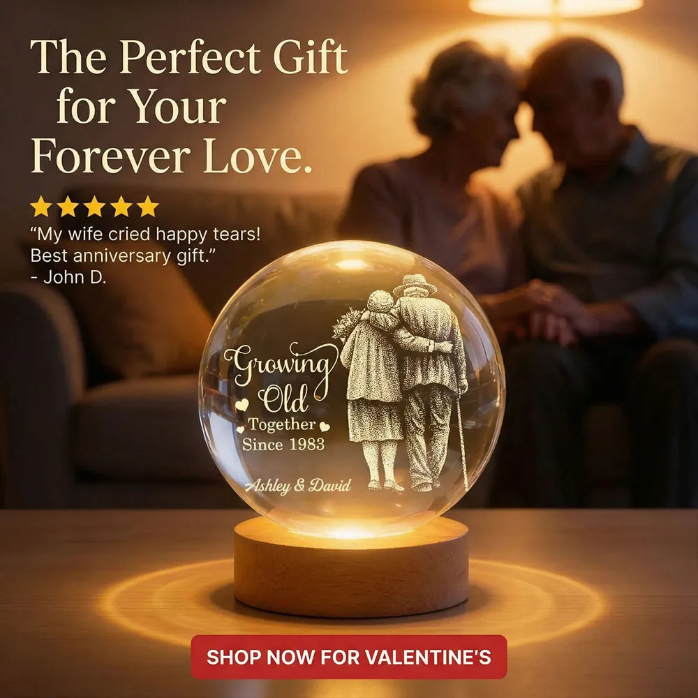 Personalized Crystal Ball LED Night Light With 'I Want To Grow Old With You' Couple Design, Romantic Unique Gift For Wife Or Husband