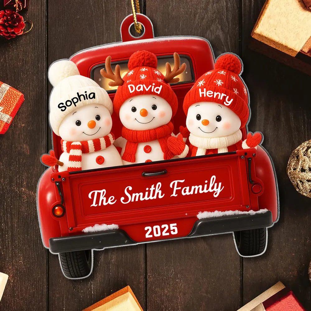 Christmas Acrylic Ornament with Snowman Family in Red Truck, Festive Holiday Décor for Tree & Home