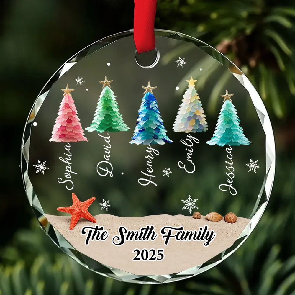Custom Crystal Ornament with Beach-Inspired Christmas Trees, Personalized Family Name Holiday Decor, Creative Christmas Gift for Loved Ones