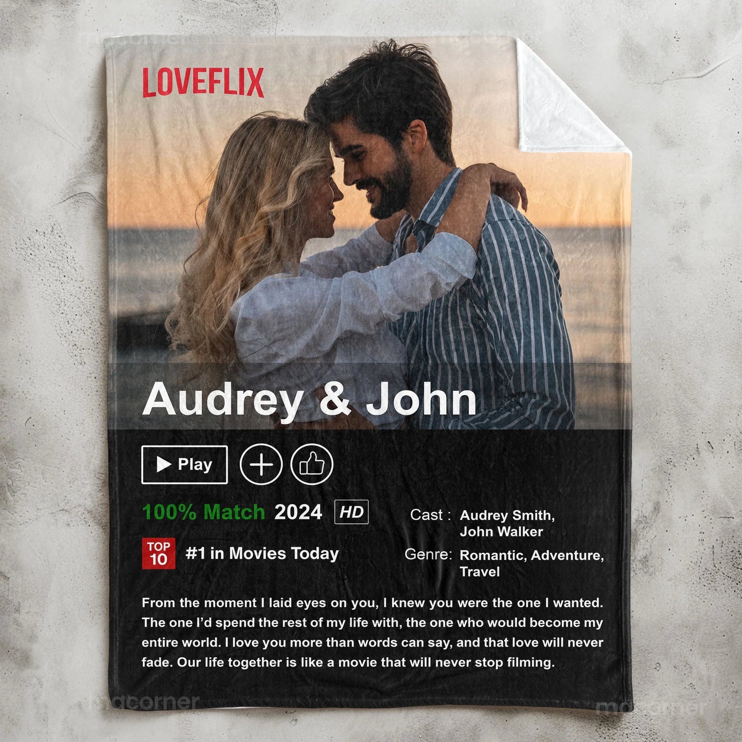 Personalized Loveflix Poster, Blanket, Plaque - Romantic Gift for Couples - Celebrate Your Romance Like a Blockbuster Movie