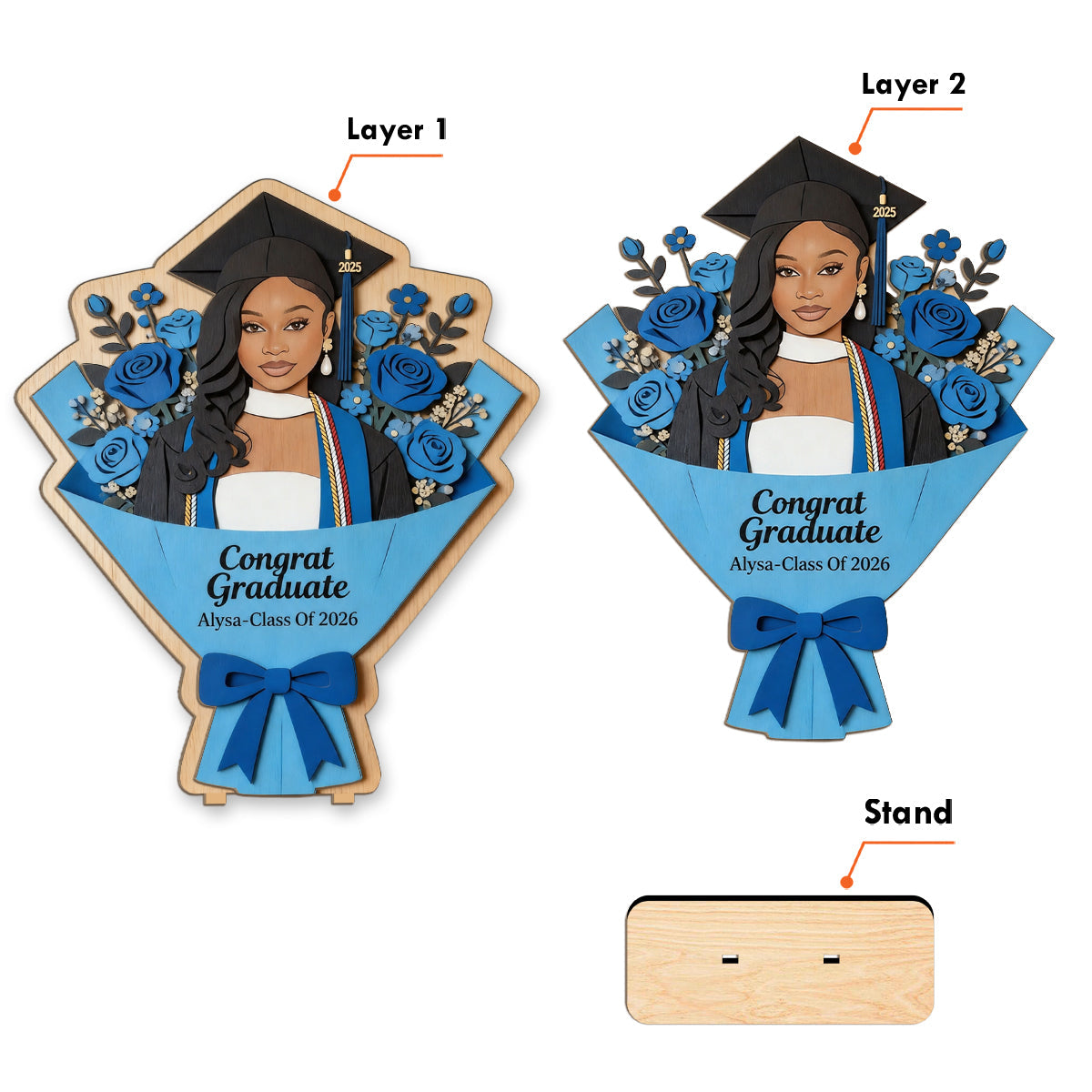 Graduate Flower Bouquet Sign - Personalized Graduation 2 Layered Big Freestanding