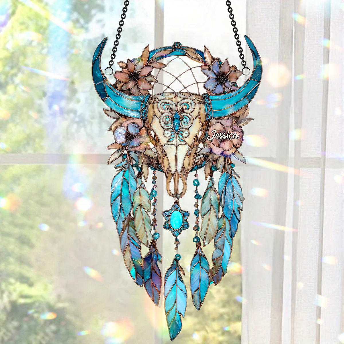 Floral Bull Skull - Personalized Cowgirl Window Hanging Suncatcher Ornament