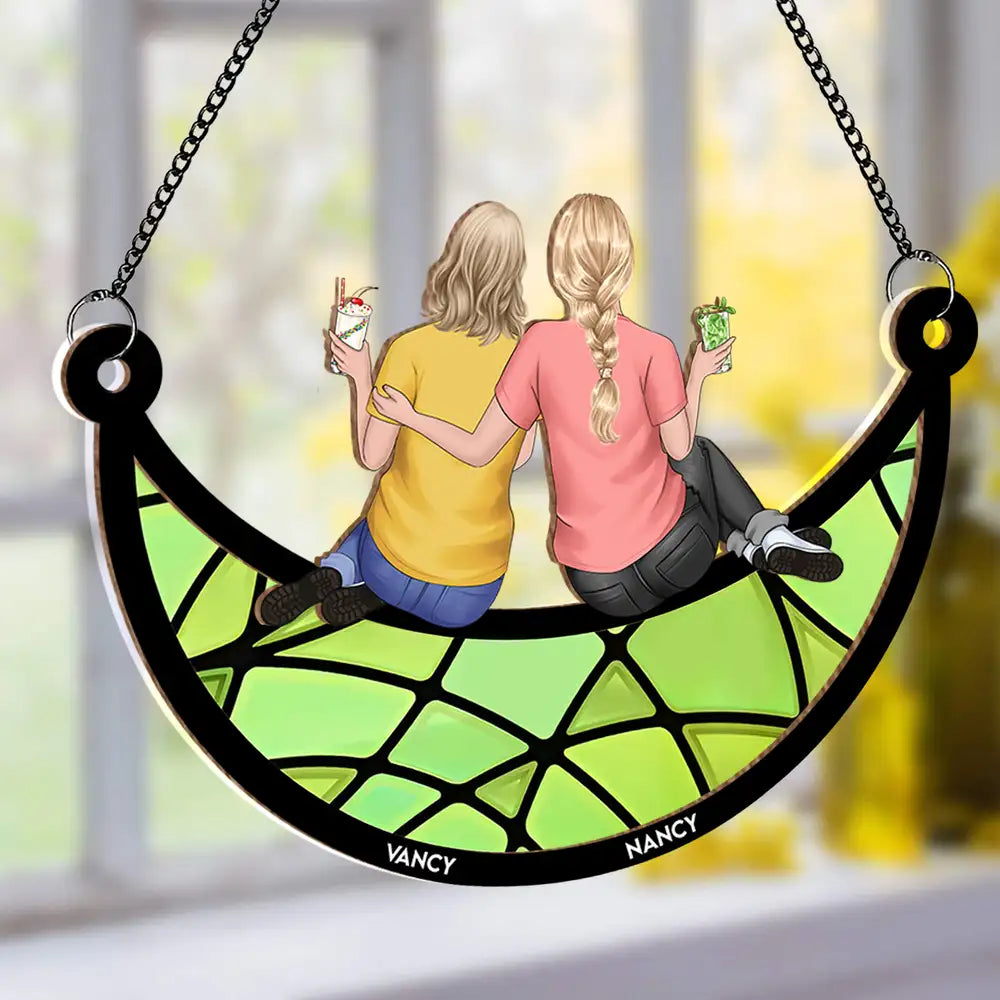 Back View Girls on Moon – Custom Friendship Ornament with Names and Outfits