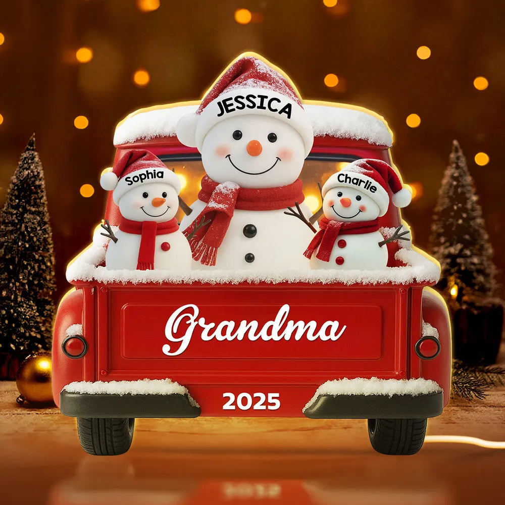 Custom Snowman Grandma & Grandkids Acrylic Light Box, Festive Red Truck Bedroom Lamp and Unique Holiday Gift for Family