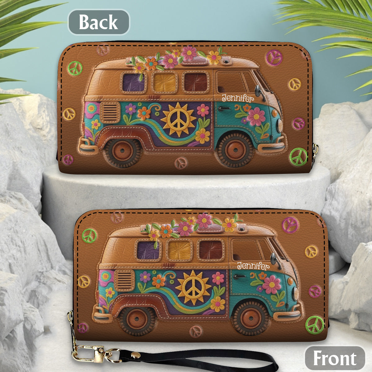 Floral Hippie Van - Personalized Hippie Leather Long Wallet