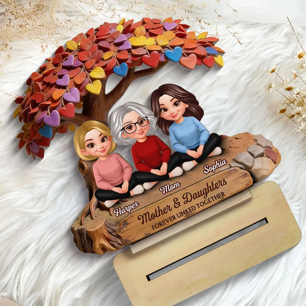 Personalized 2-Layer Wooden Plaque with Mom and Daughters Under Colorful Heart Tree - Unique Gift for Mom, Sweet Family Keepsake