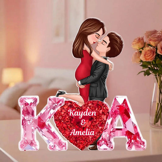 Personalized Shaped Acrylic Block Plaque With Couple Kissing Above Heart Initials, Unique Romantic Gift for Her or Him