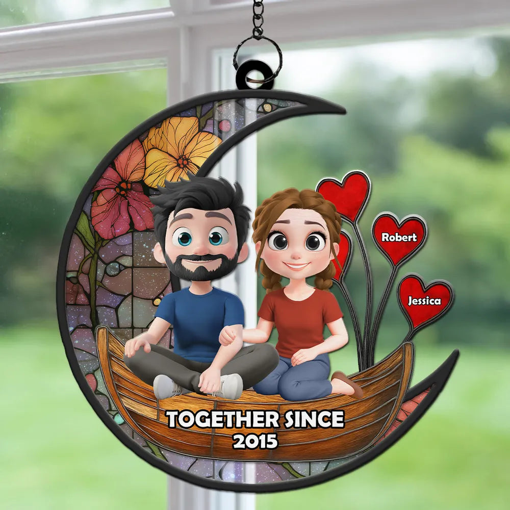 Romantic Moon Couple Wood and Acrylic Layered Ornament - Together Since Anniversary Gift for Lovers