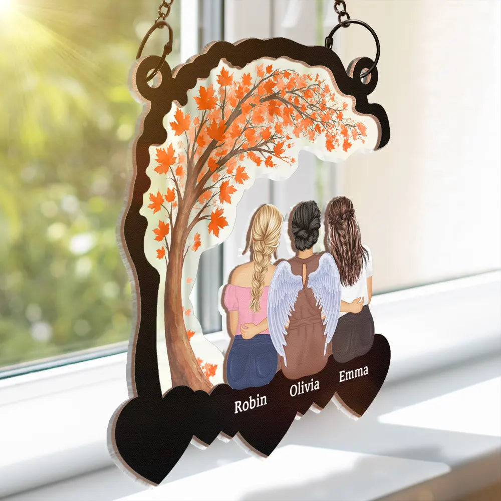 Wood and Acrylic Layered Ornament with Mother and Daughters Back View, Warm Family Bond Design, Perfect Gift for Women and Sisters