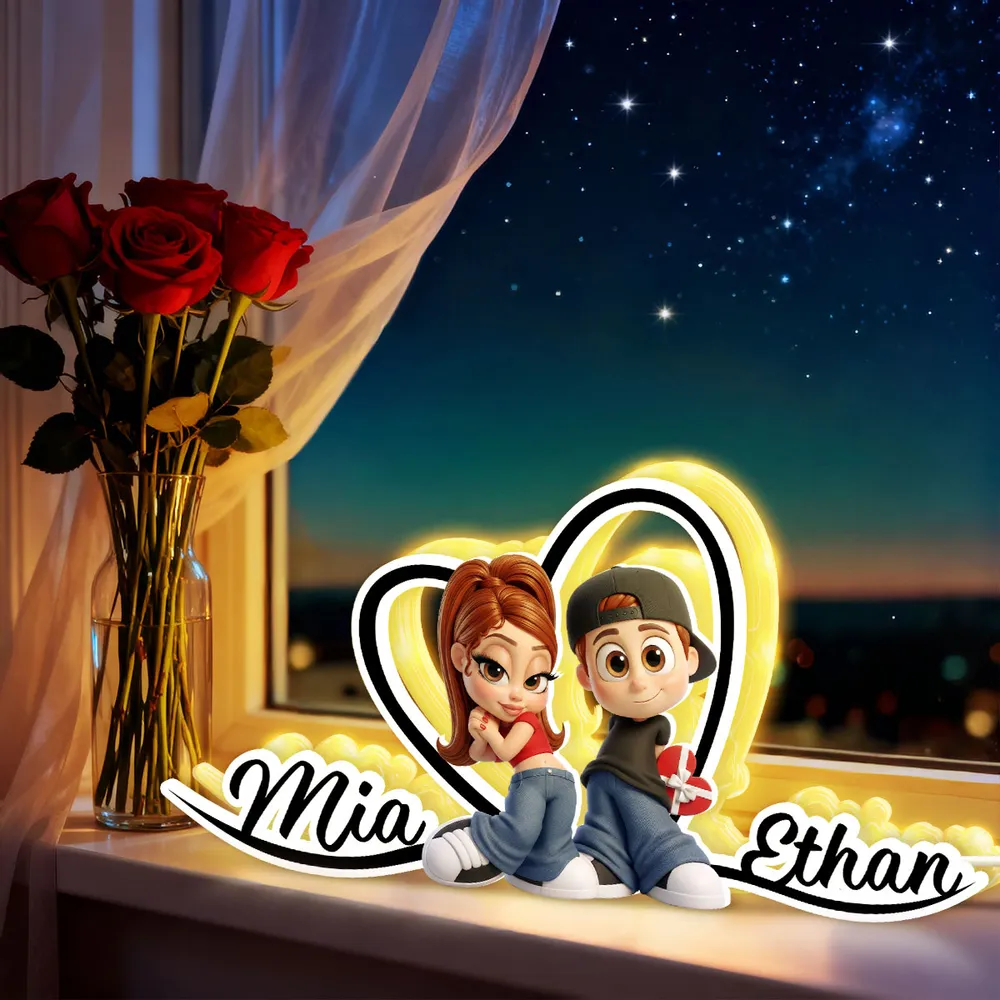 Personalized Couple Acrylic Light Box with Glowing Heart - Cute Cartoon Keepsake Nightstand Decor, Unique Gift for Couples