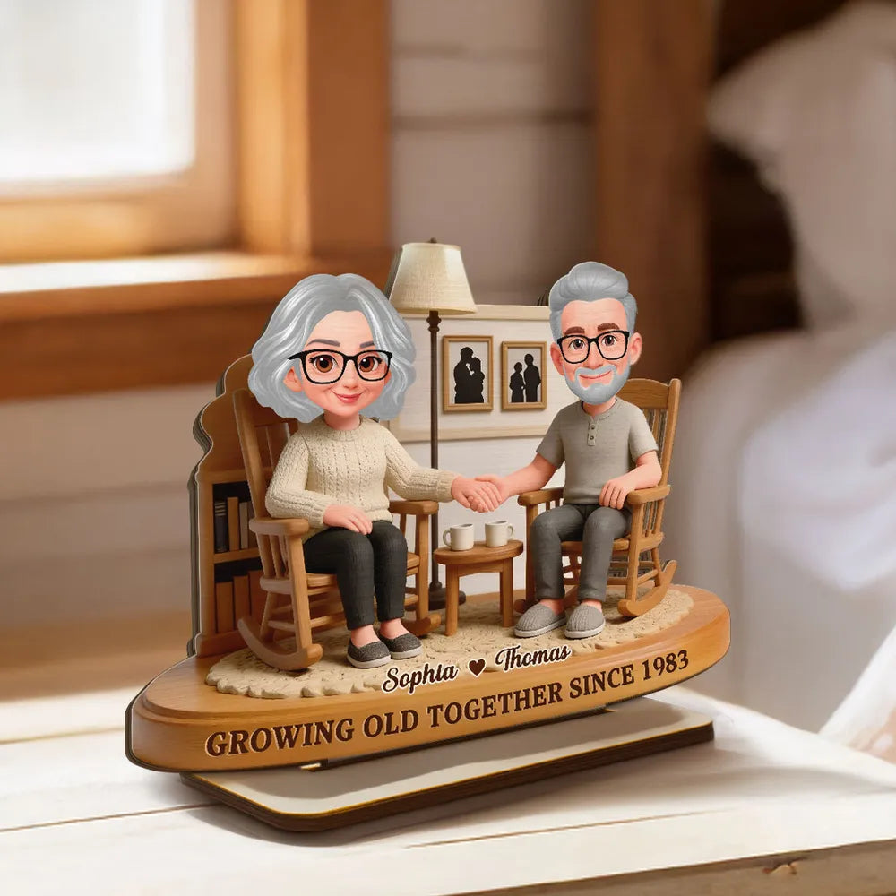 Personalized 2-Layer Wooden Plaque Elderly Couple Holding Hands in Cozy Living Room, Unique Anniversary Gift for Him or Her