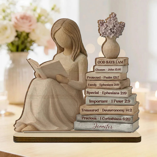 Personalized 2-Layer Wooden Plaque God Says I Am Book Stack Design for Nursery or Living Room, Unique Faith Gift for Her