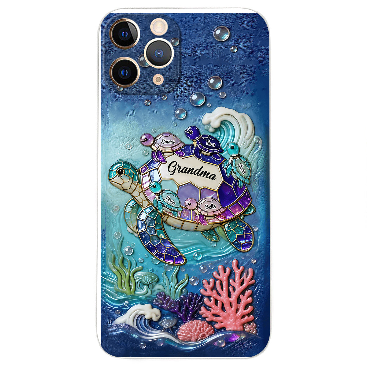 Grandma Turtle - Personalized Turtle 3D Embossed Leather Phone Case