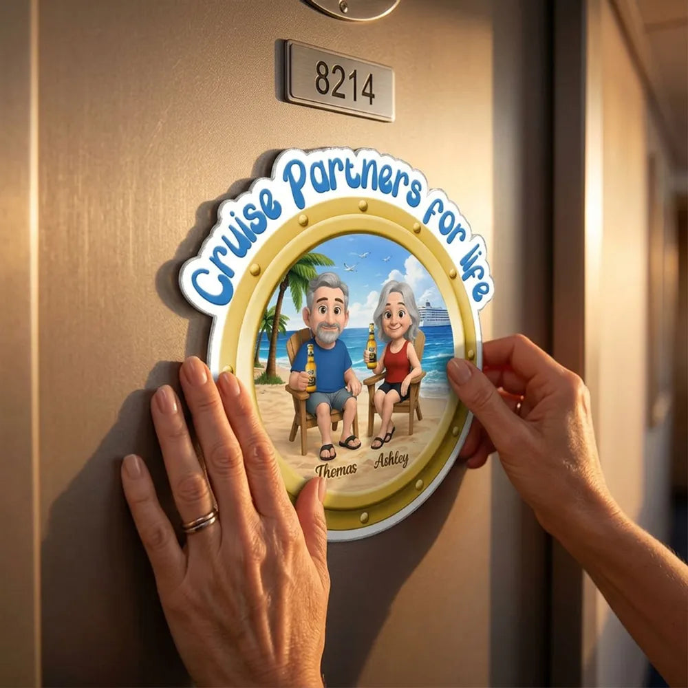 Cruise-Themed Personalized Acrylic Magnet with Beach Cartoon Couple and Ship View, Sweet Unique Gift for Couples