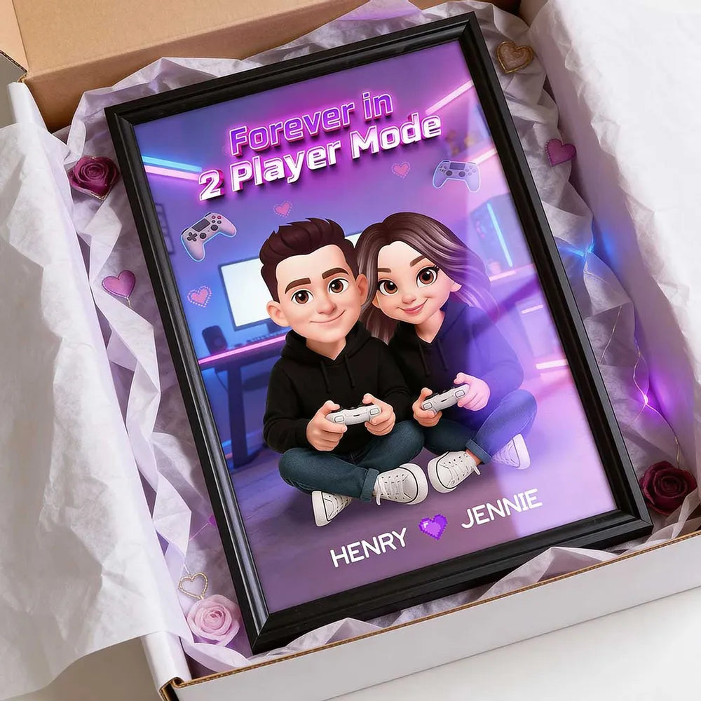 Personalized Gamer Couple Poster Forever in 2 Player Mode Neon Game Room Wall Art Unique Gift for Him or Her