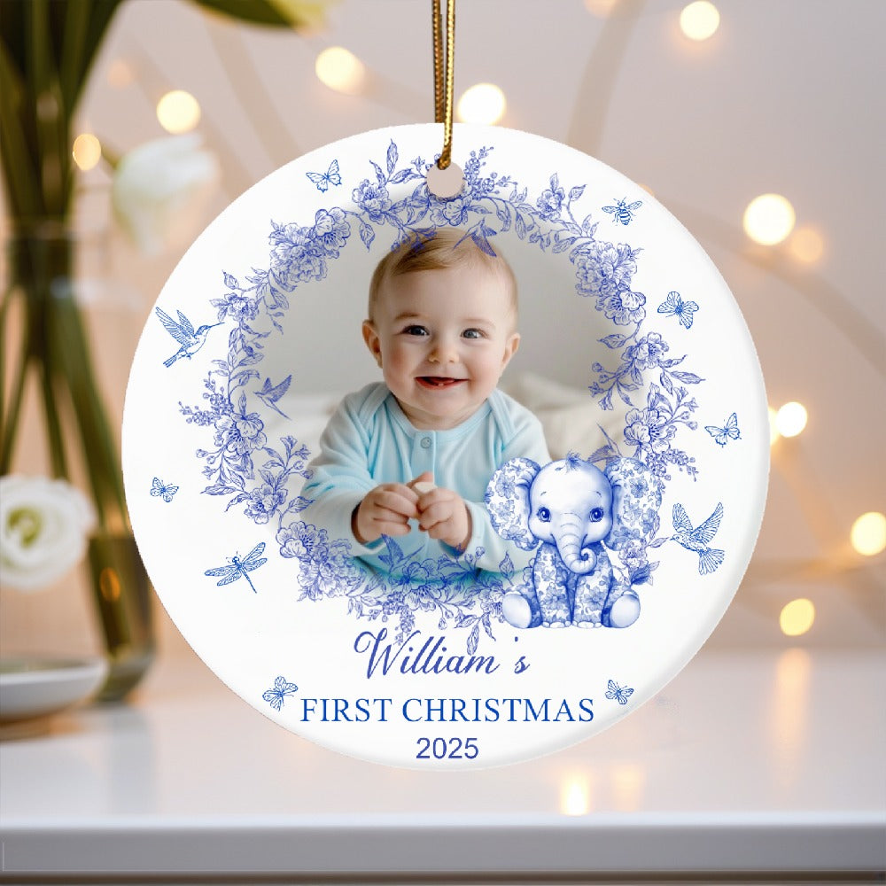 Ceramic Ornament with Baby’s First Christmas Theme, Blue Floral Wreath Design, Perfect Keepsake Gift for Newborn Celebration