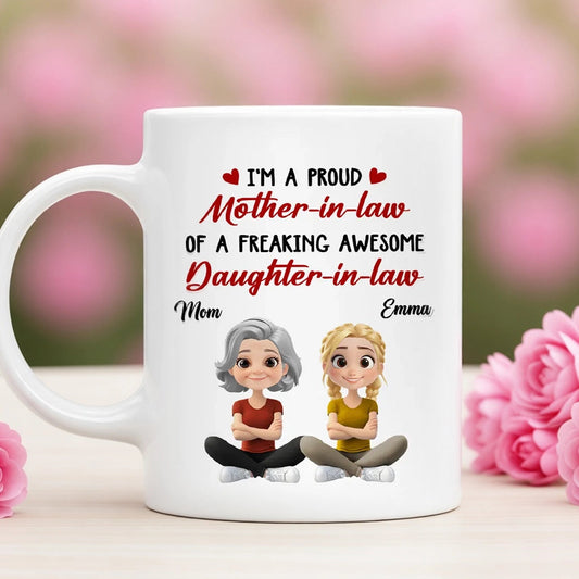 Ceramic Mug with Funny Mother-in-Law Daughter-in-Law Quote, Personalized Cute Cartoon Design, Thoughtful Gift