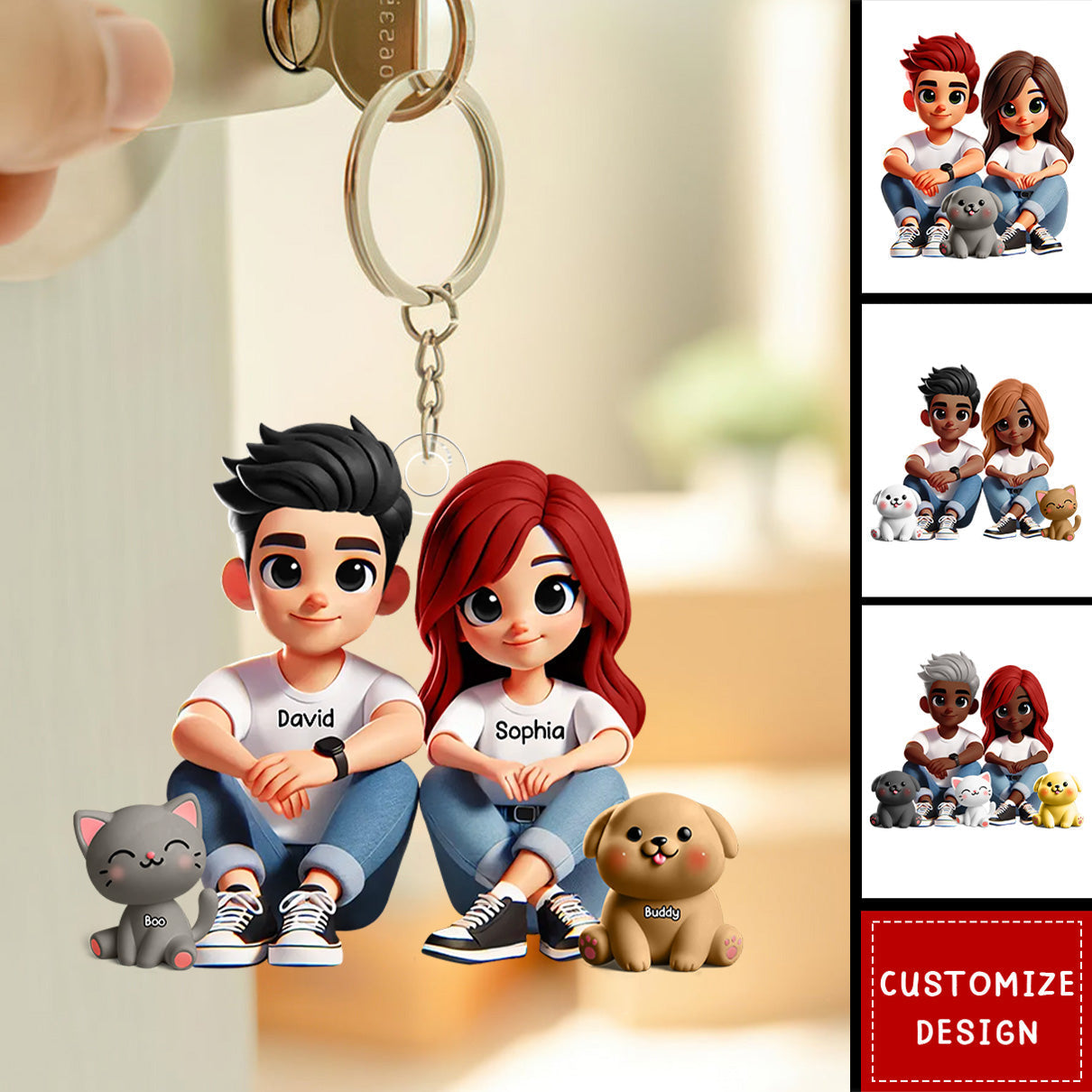 Personalized Acrylic Keychain – Cute Couple Cartoon Keychain with Names and Pet, Perfect Gift for Couples, Custom Love Keepsake for Family and Relationship Celebrations