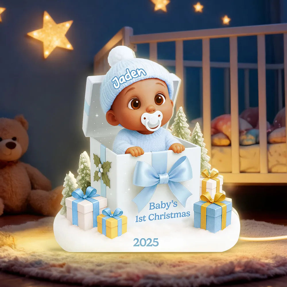 Personalized Acrylic Light Box for Baby's First Christmas – Cute Gift Box Scene, Warm Glow Nursery Lamp, Unique Keepsake Gift for New Parents
